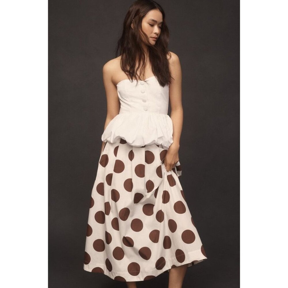 Maeve Cotton Poplin Pleated Midi Skirt White Brown Polka Dot XL - Picture 3 of 3